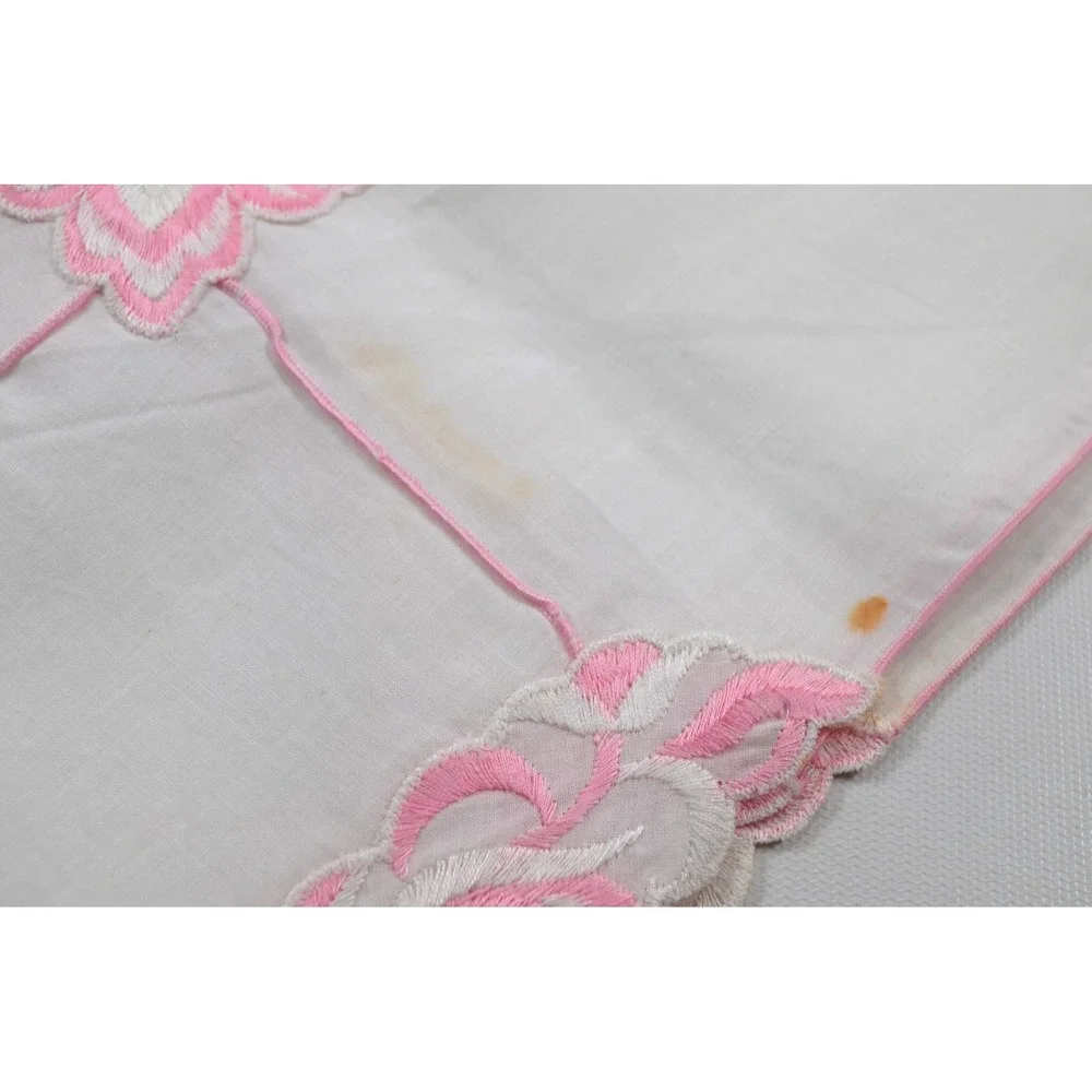 Vintage White Floral Tablecloth with Pink Roses and Line Accents 50x50